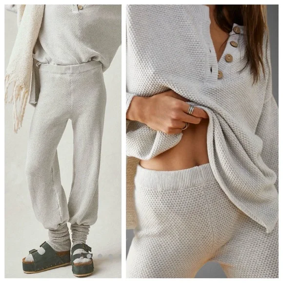 FREE PEOPLE Hailee Waffle Knit Wide Leg Relaxed Pull On Pants in Light Grey sz S - Picture 3 of 13